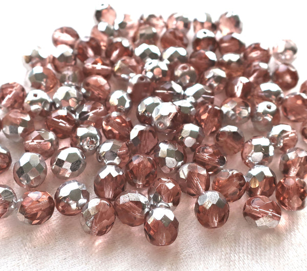 Lot of 25 8mm Pink & Silver Czech glass beads, faceted round firepolished beads C9625 - Glorious Glass Beads
