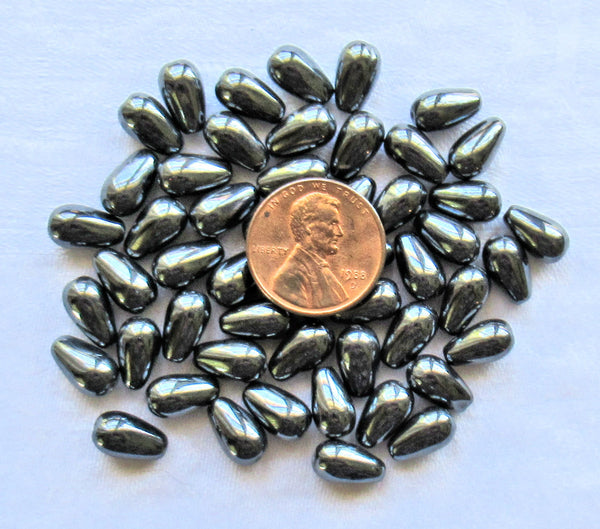 Lot of 25 10 x 6mm Czech glass hematite teardrop beads - center drilled smooth drop beads C3401 - Glorious Glass Beads