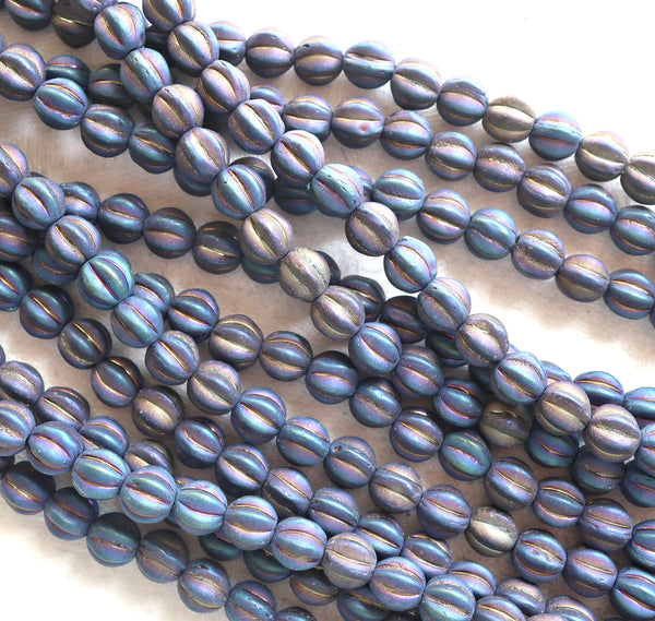 Lot of 50 matte blue iris Czech glass melon beads, 6mm pressed glass beads C1701 - Glorious Glass Beads