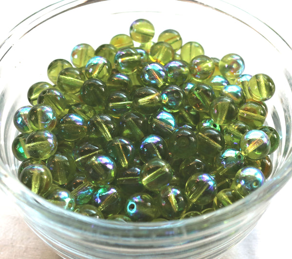 Lot of 25 8mm Czech glass druks, Peridot Green smooth round druk beads C0401 - Glorious Glass Beads