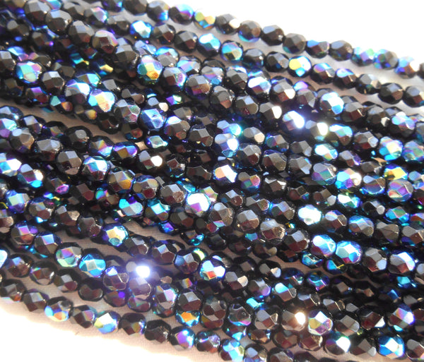 50 4mm Czech Jet Black AB glass beads, round faceted firepolished beads, C5450