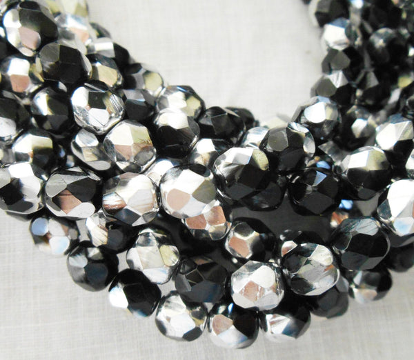 Lot of 25 6mm multicolored jet black and silver Czech glass beads, firepolished, faceted round beads C2425