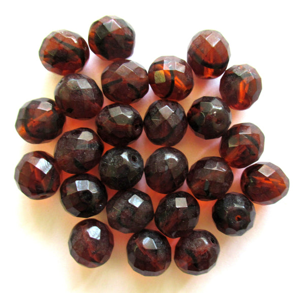 Ten Czech glass fire polished faceted round beads - 12mm tortoiseshell tortoise shell brown beads C00931