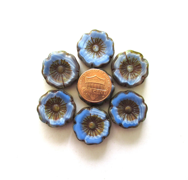 Two large 22mm Czech glass flower beads - Table cut carved silky marbled blue picasso beads - Hawaiian hibiscus focal flower beads - 00881