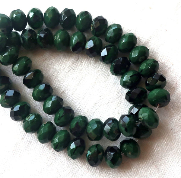 Lot of 25 Czech glass puffy rondelle beads, 8 x 6mm opaque marbled forest, hunter green picasso faceted rondelles 52301 - Glorious Glass Beads