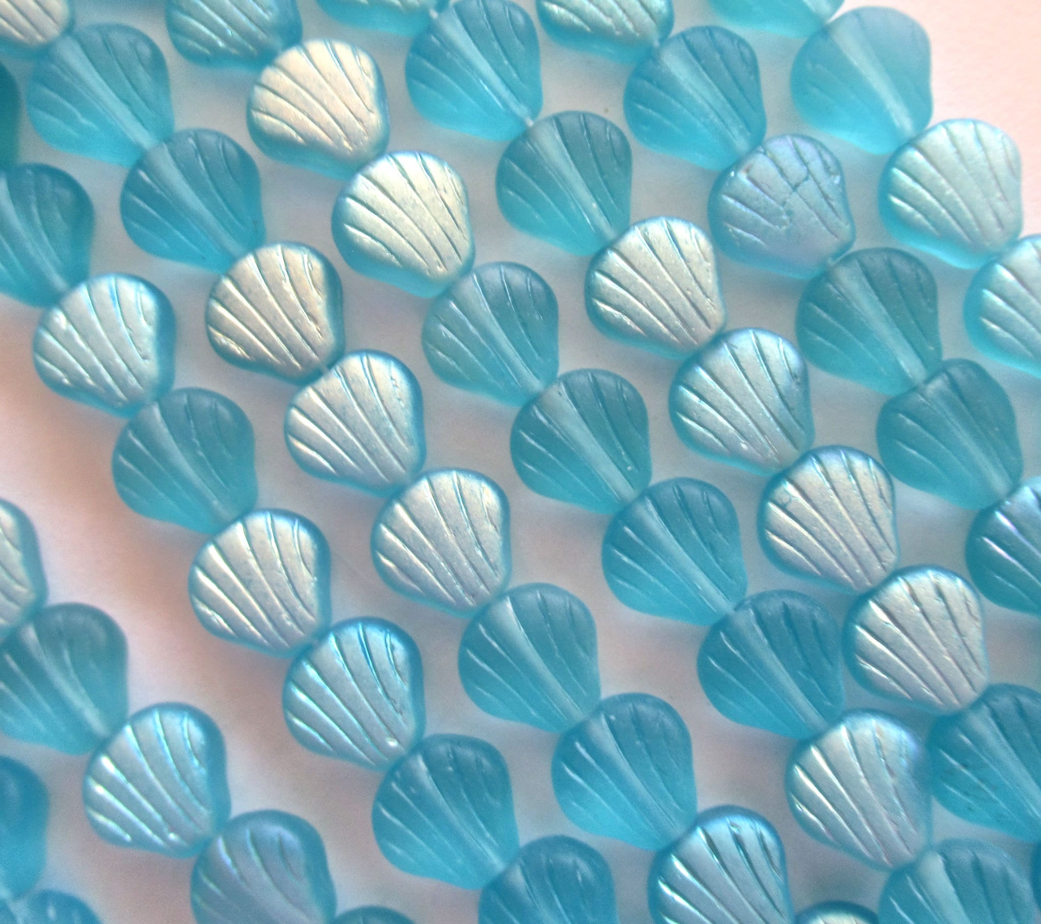 20 Czech glass fan, shell or clam beads - matte aqua blue beads with an ab finish - nautical beads - 00001