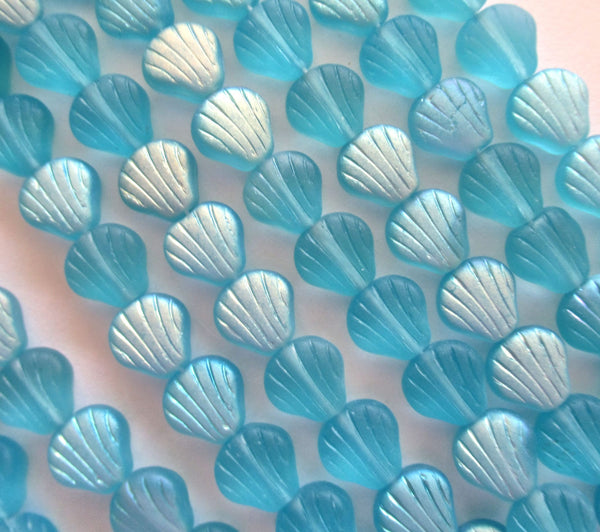 20 Czech glass fan, shell or clam beads - matte aqua blue beads with an ab finish - nautical beads - 00001