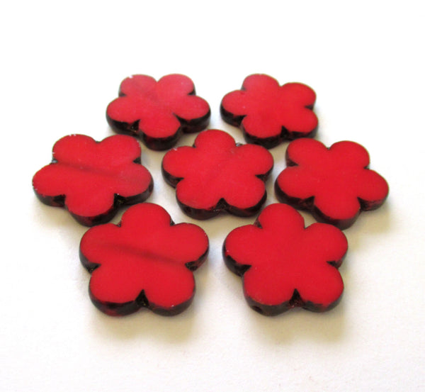 Six large Czech glass flower beads - 17mm table cut opaque bright red floral picasso beads - C00671