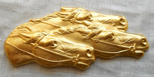 Raw brass stamping, three racing neck and neck horses, horse heads, charm, pendant, connector, ornament, 65mm x 27mm, made in the USA C00101 - Glorious Glass Beads