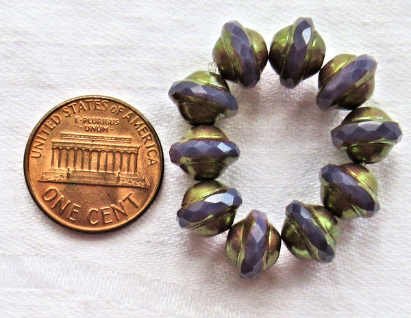 Ten Czech glass saturn beads - 8 x 10mm - opaque purple / amethyst silk faceted saucer beads with a bronze picsso finish C85101 - Glorious Glass Beads