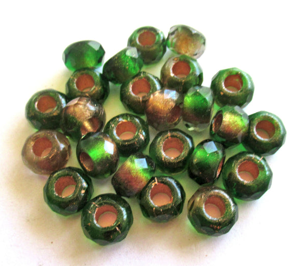 Ten Czech glass roller beads - 8.5 x 5mm emerald green & crystal marbled gold lined, faceted roller, rondelle, big 3.5mm hole beads C00801