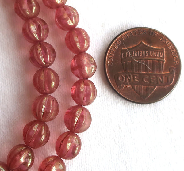 Lot of 25 Czech pink glass melon beads, 6mm transparent pink with gold luster pressed Czech glass beads C0901 - Glorious Glass Beads