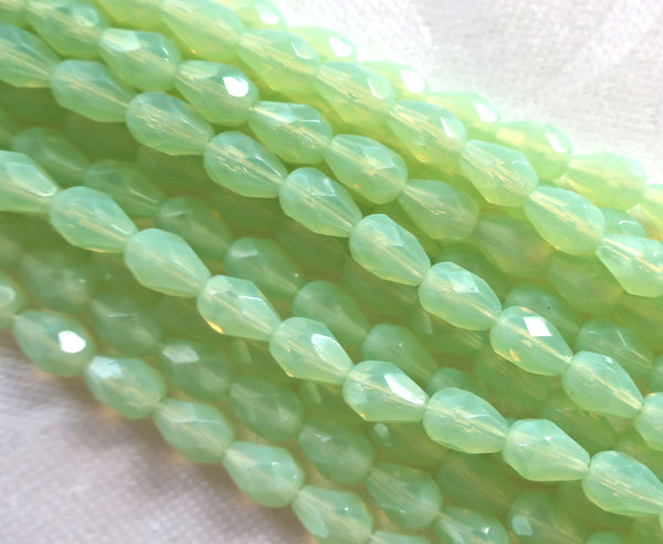 Lot of 25 7 x 5mm translucent light mint opal Green teardrop Czech glass beads, firepolished, faceted tear drops C5801 - Glorious Glass Beads