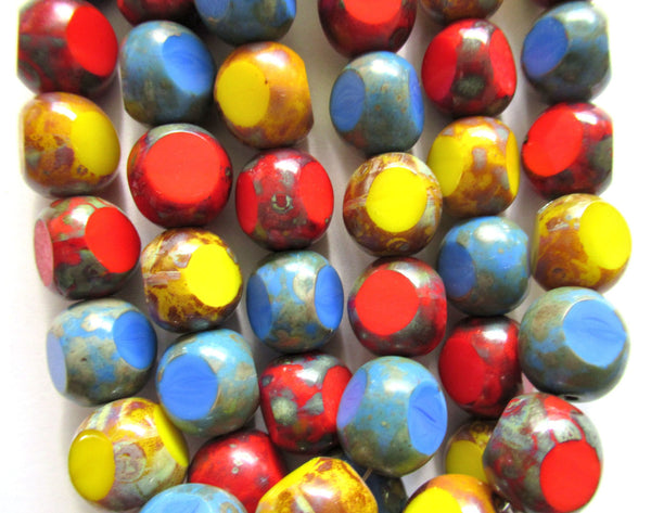 Twenty 12mm Czech glass beads - table cut Tri-cut opaque red blue yellow color mix with a picasso finish window beads - C00424