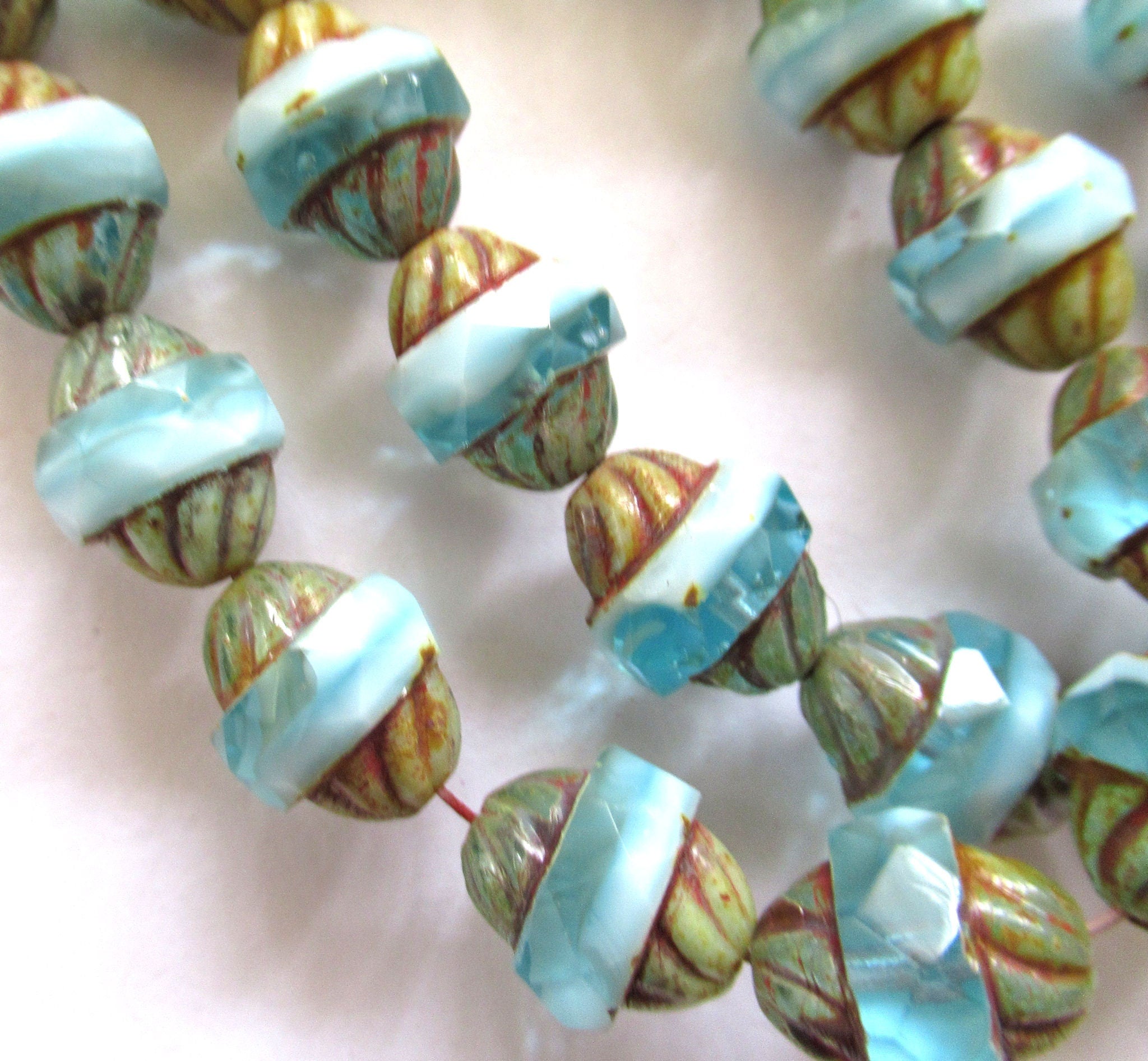 Five Czech glass turbine beads - 11 x 10mm opaque & transparent mix of light aqua blue / white beads with a picasso finish C72101