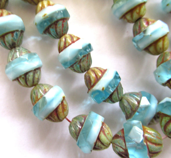Five Czech glass turbine beads - 11 x 10mm opaque & transparent mix of light aqua blue / white beads with a picasso finish C72101
