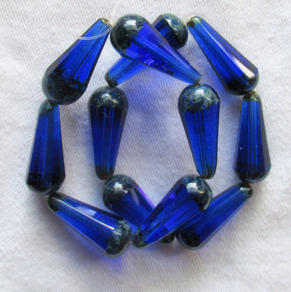 Six Czech glass long faceted teardrop beads - transparent sapphire blue w/ picasso finish on the ends - 9 x 20mm elongated tear drops 19106