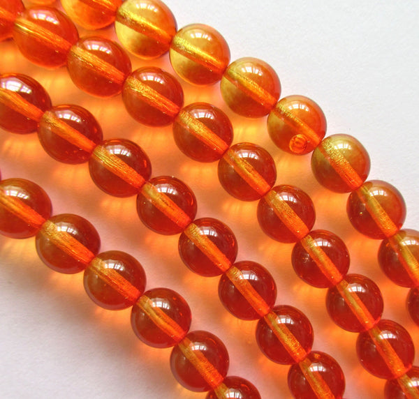 25 8mm Czech glass druks - hyacinth orange & amber or fire opal smooth round druk beads C0083