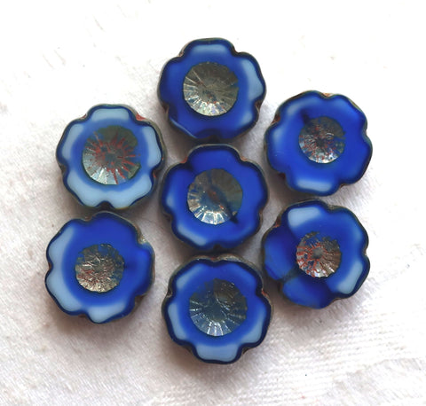 Lot of six 14mm table cut, carved,opaque milky, marbled blue & white with silvery picasso accents, Hawaiian Czech glass flower beads C02106 - Glorious Glass Beads