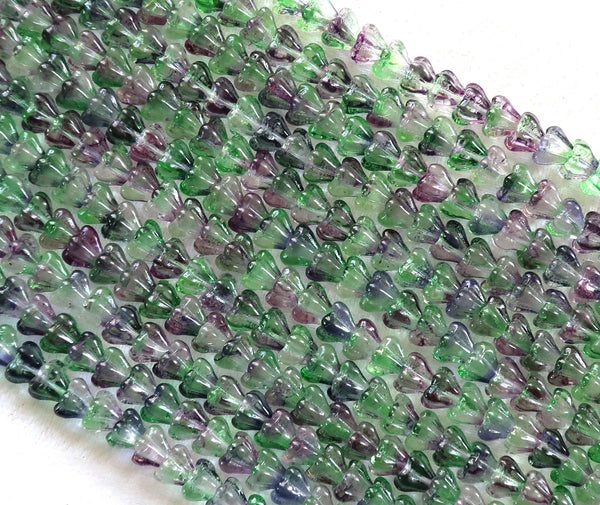 Lot of 50 6mm x 4mm Blueberry Green Tea baby Bell Flower Czech glass beads, blue/violet & green pressed glass beads 31101 - Glorious Glass Beads