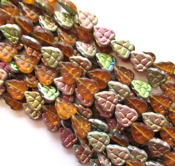 Lot of 25 Czech glass leaf beads - darktopaz AB - center drilled 8 x 10mm beads C0035