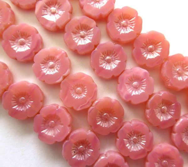 10 Czech glass flower beads - 12mm translucent pink beads - table cut carved Hawaiian Hibiscus floral beads C78200