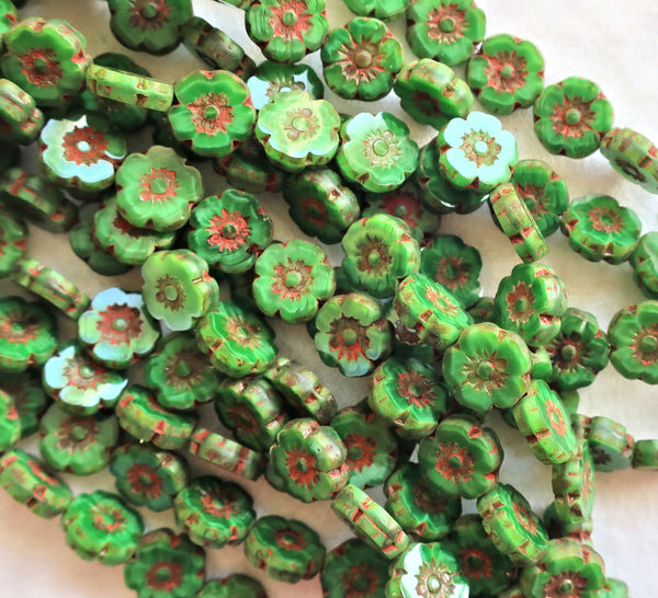 Ten Czech glass flower beads - 10mm opaque marbled silky green picasso Hawaiian flowers - table cut, carved floral beads C10101 - Glorious Glass Beads