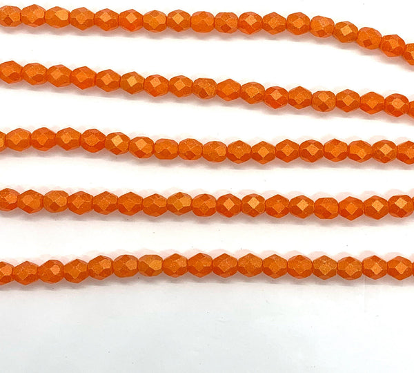 25 faceted round Czech glass beads - 6mm fire polished sueded gold hyacinth orange beads - C0044