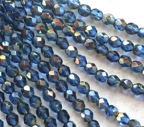 Lot of 25 6mm Czech Czech glass beads, Sapphire Blue Celsian faceted firepolished round beads, C3501
