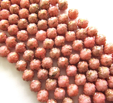 Twelve Czech glass rosebud beads - marbled pink beads with gold and picasso accents - 7 x 8mm faceted, fire polished antique cut - C00011