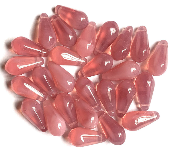 Ten large Czech glass teardrop beads - 9 x 18mm milky pink opal side drilled pressed glass faceted drops six sides C0095