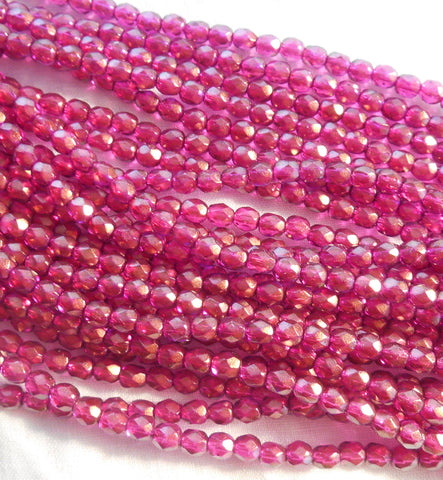 50 4mm Halo Madder Rose Czech glass beads, deep pink firepolished, faceted round beads with a transparent gold finish, C60150