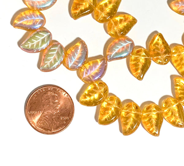 25 Czech glass side drilled eucalyptus leaf beads - 12 x 9mm topaz AB leaves - textured pressed glass beads - C0077
