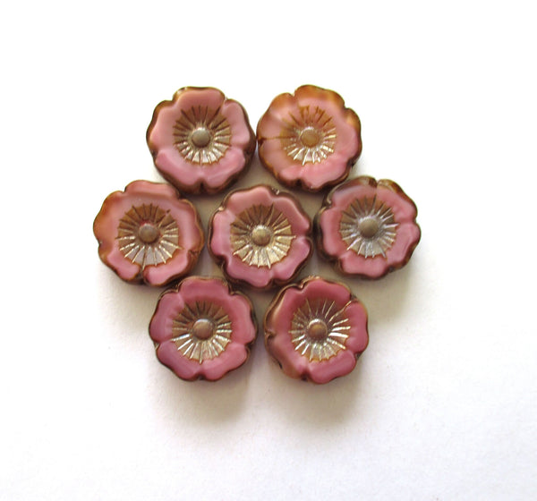 Two large 22mm Czech glass flower beads - Table cut carved silky marbled pink picasso beads - Hawaiian hibiscus focal flower beads - 31101