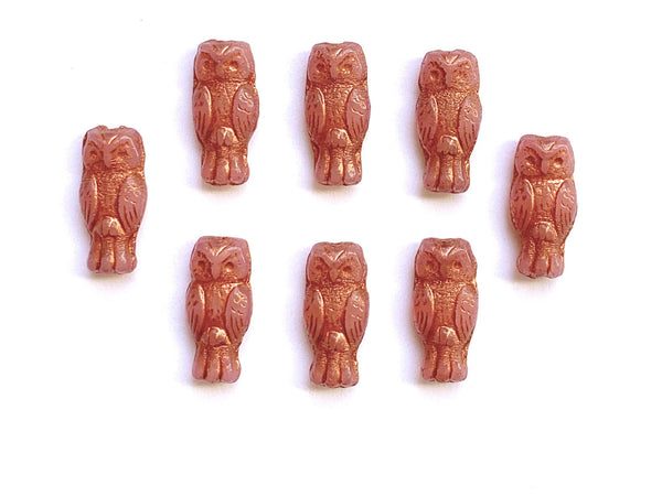 10 Czech glass owl beads - top drilled 7 x 15mm translucent pink with bronze wash pressed glass beads C0005