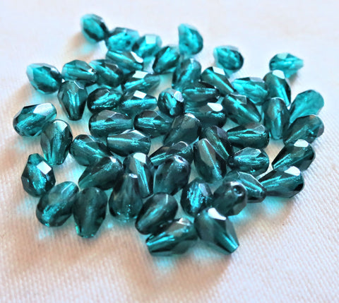 Lot of 25 6mm Czech glass blue green drop beads - teardrop shaped blue zircon / teal firepolished faceted beads C5701