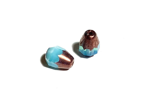 Lot of 15 Czech glass teardrop beads - blue opaline w/ a bronze finish - special cut 8 x 6mm faceted firepolished beads C0051