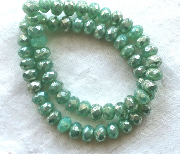 30 small puffy rondelle beads, mint green with a silvery mercury finish, 3mm x 5mm faceted Czech glass rondelles 53101