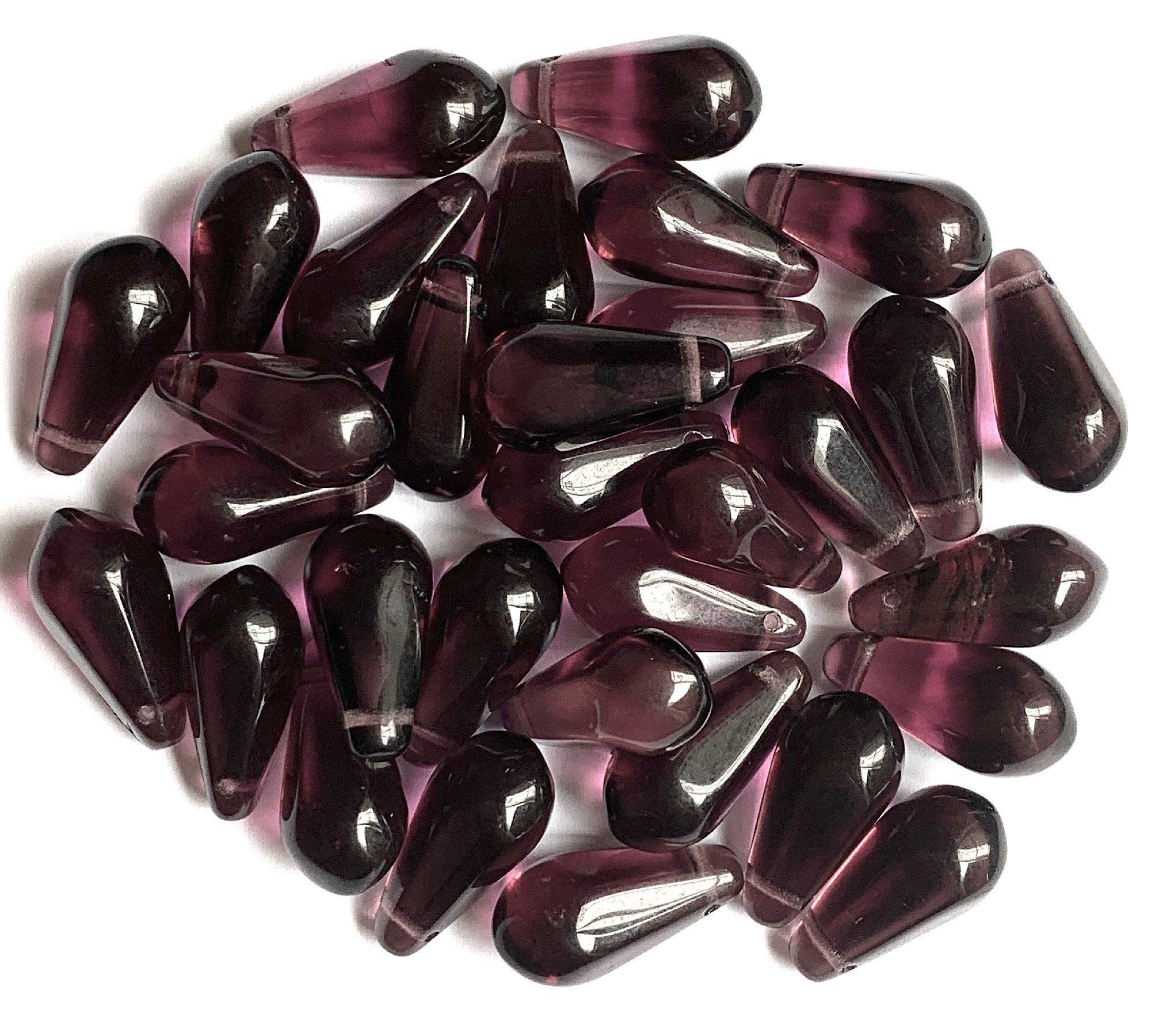 Ten large Czech glass teardrop beads - 9 x 18mm transparent amethyst purple pressed glass side drilled six sided drops  C0063