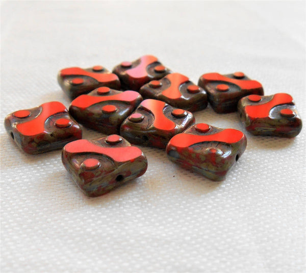 Lot of ten 10mm x 10mm square opaque bright red table cut, picasso Czech glass beads with dots C14101 - Glorious Glass Beads