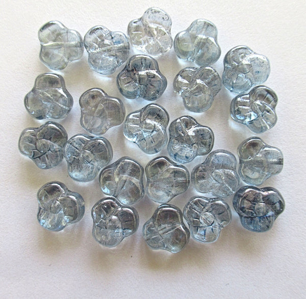 Lot of 25 9mm Czech glass pansy beads - flat transparent lumi blue flower beads C00411