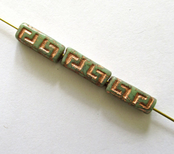 12 Czech glass beads - squared tube beads - Celtic block beads - moss green with a copper wash - 15 x 5mm C00001