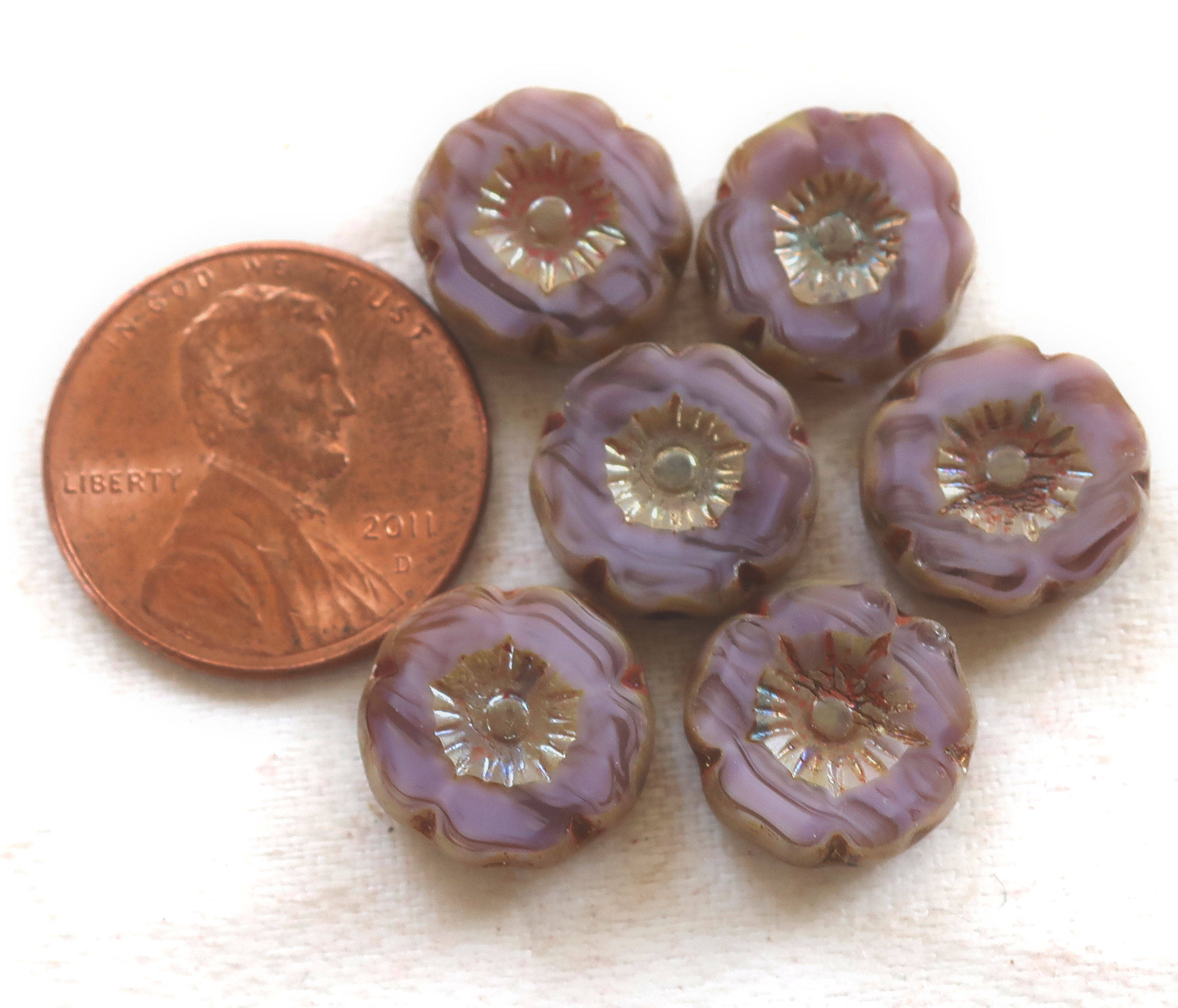 Lot of 10 12mm table cut,, carved,, opaque milky lavender, purple picasso, hibiscus Czech glass flower beads, C02101 - Glorious Glass Beads