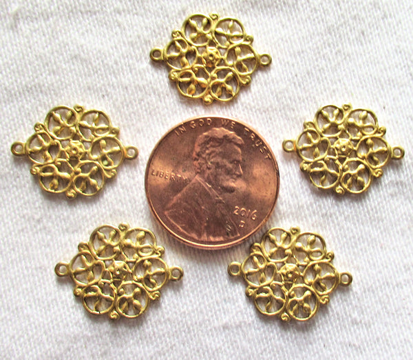 Six raw brass ornate round filigree connectors - brass stampings - 18 x 14mm - made in the USA C22201