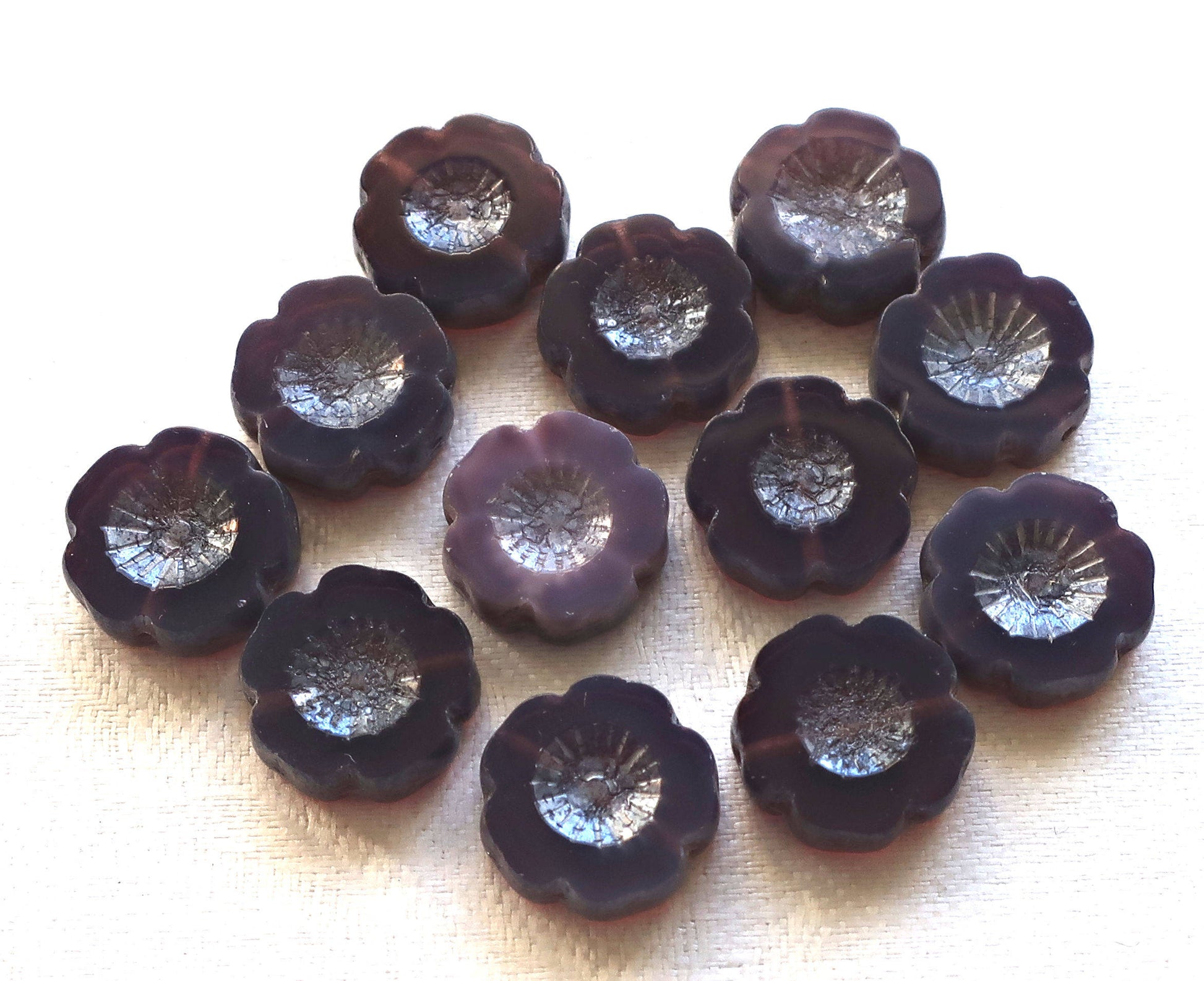 Six 14mm table cut, carved, Czech glass flower beads, translucent amethyst, purple opal with a silver picasso finish, Hawaiian Flowers C8901 - Glorious Glass Beads