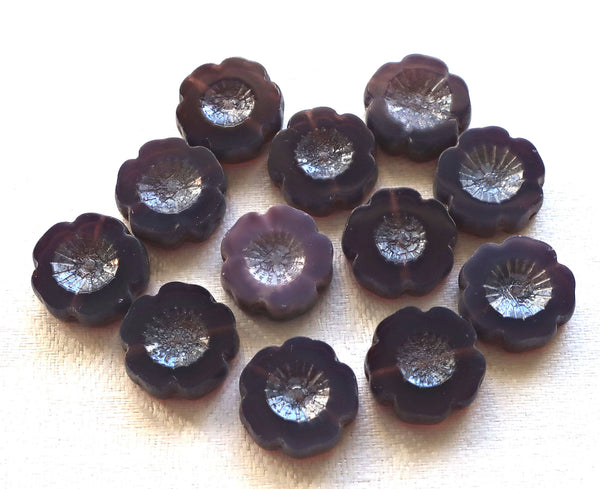 Six 14mm table cut, carved, Czech glass flower beads, translucent amethyst, purple opal with a silver picasso finish, Hawaiian Flowers C8901 - Glorious Glass Beads