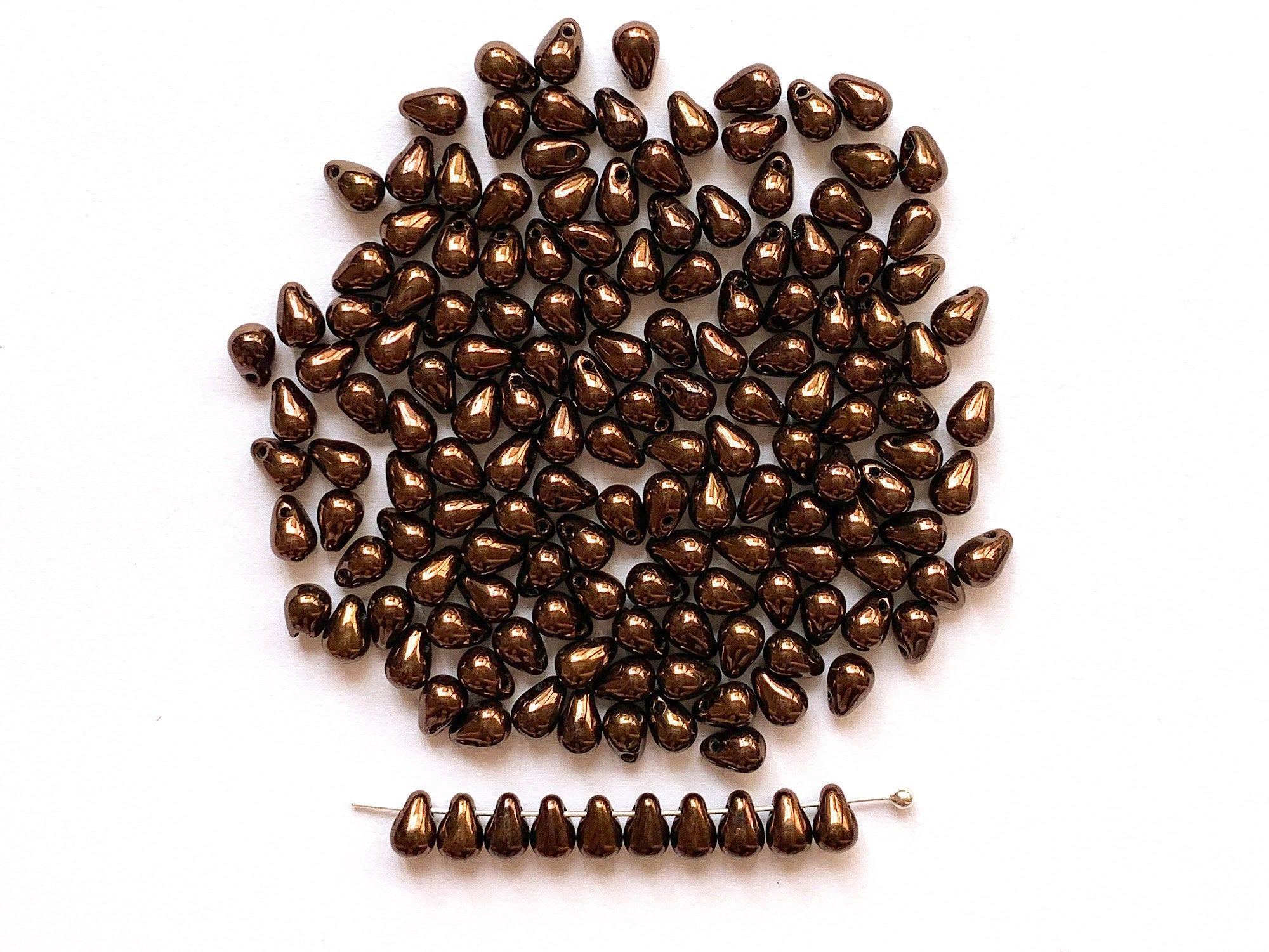 Fifty Czech glass teardrop beads - 6 x 4mm metallic brown or bronze luster drop or pear beads - C0044