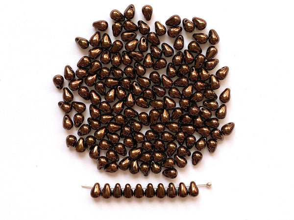 Fifty Czech glass teardrop beads - 6 x 4mm metallic brown or bronze luster drop or pear beads - C0044