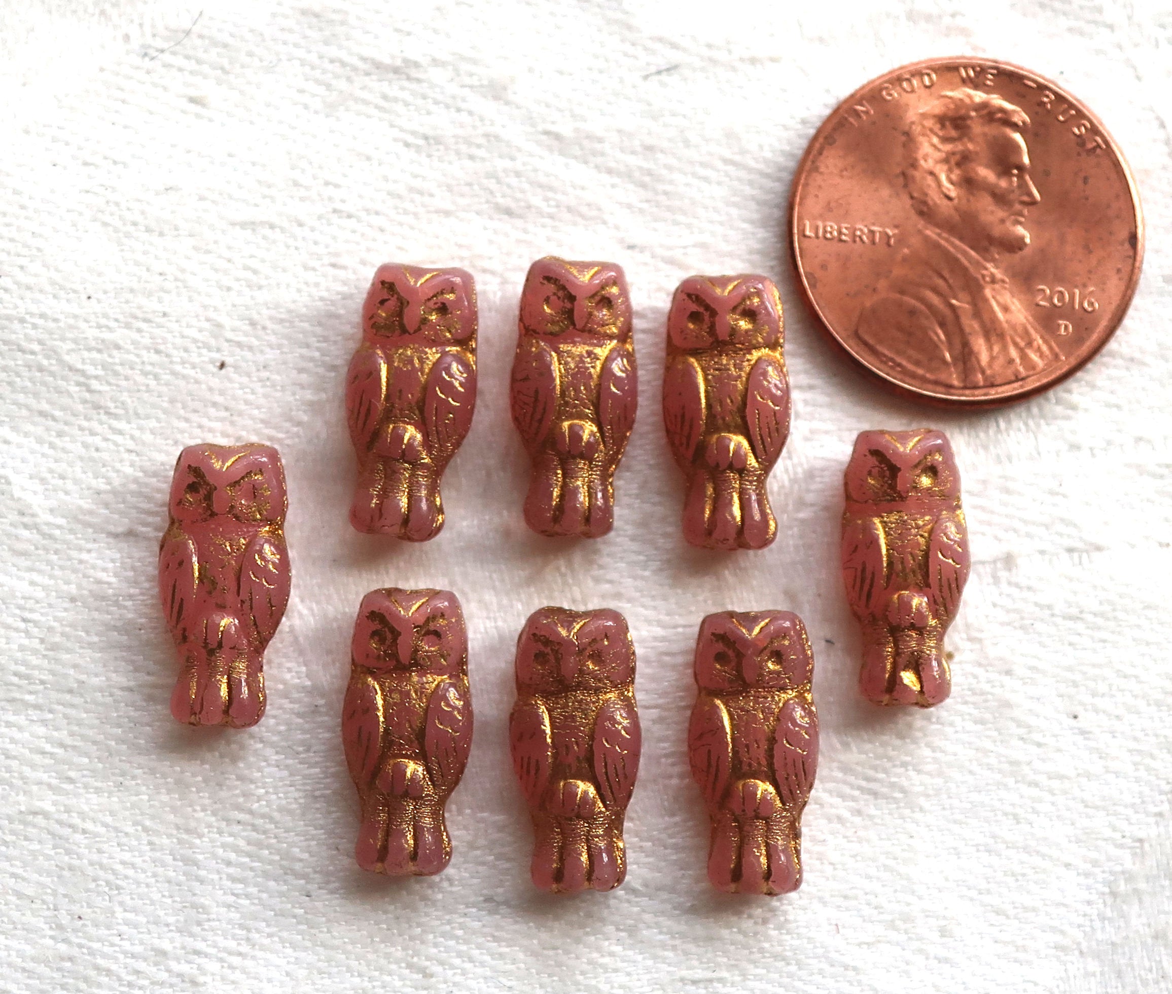 Lot of 10 small Czech glass owl beads, Rose Gold, translucent rosaline pink with a gold wash, two sided earring beads, 15mm x 7mm 0801 - Glorious Glass Beads
