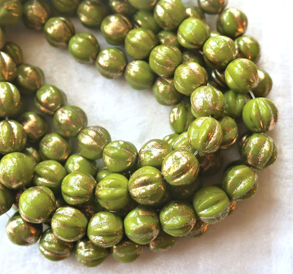 25 Czech pressed glass melon beads. 6mm Avocado Green with gold accents, C00101 - Glorious Glass Beads